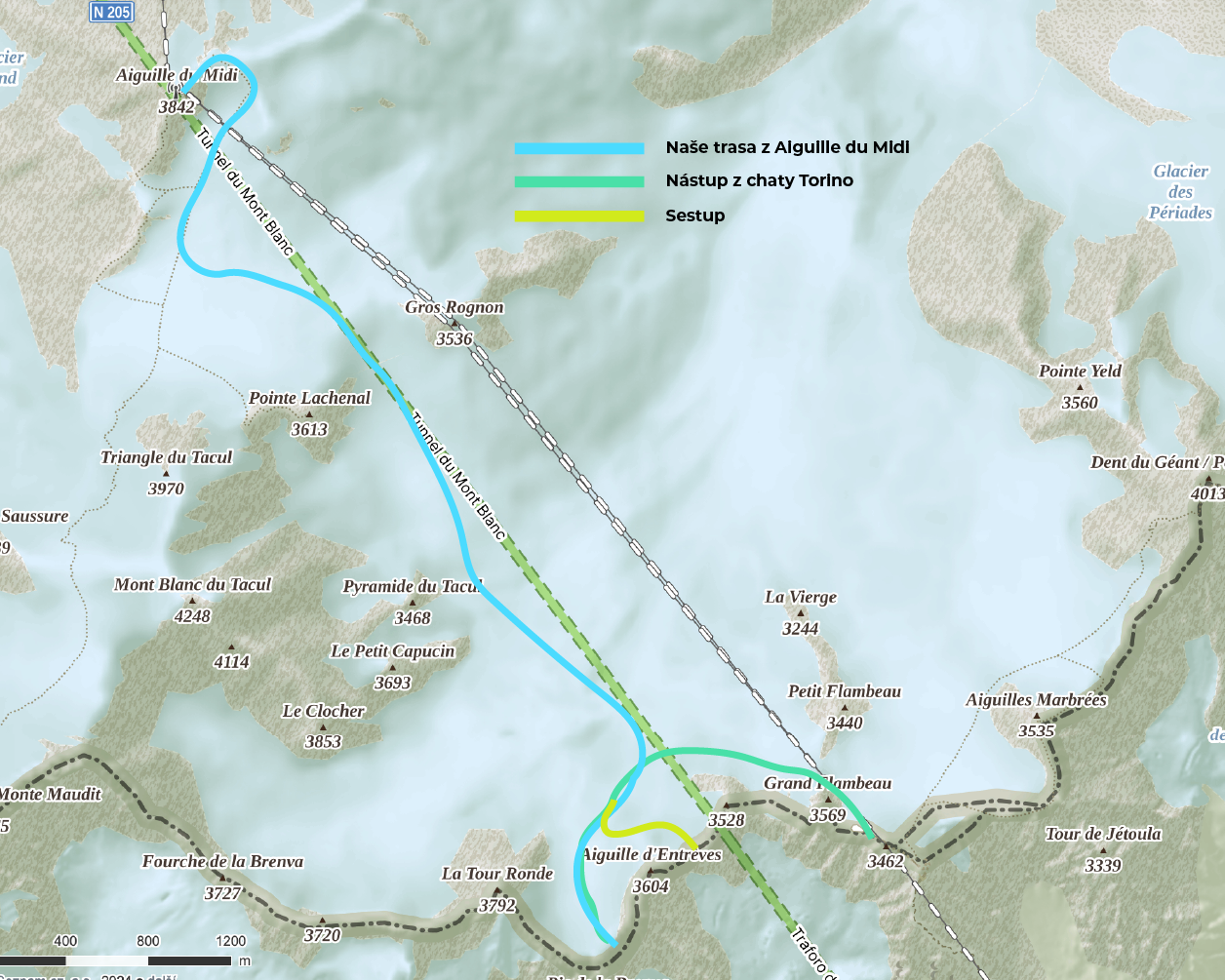 mapa nástupu na Aiguille du Entreves